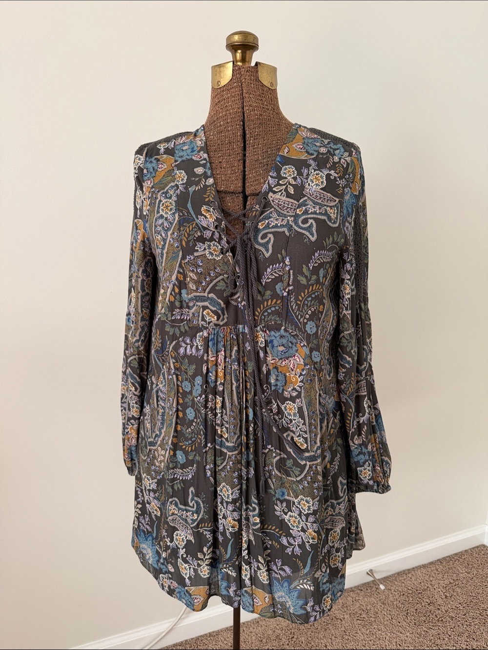 Free People Floral Paisley Tunic Dress in Charcoal, Blue, Mustard